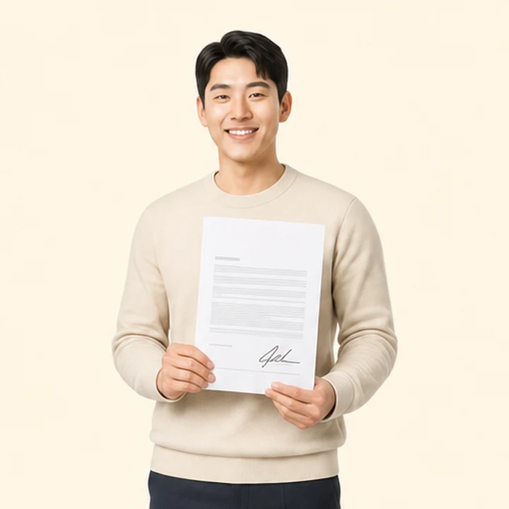 K8 신차 장기렌트카 서면 견적서를 들고 있는 고객